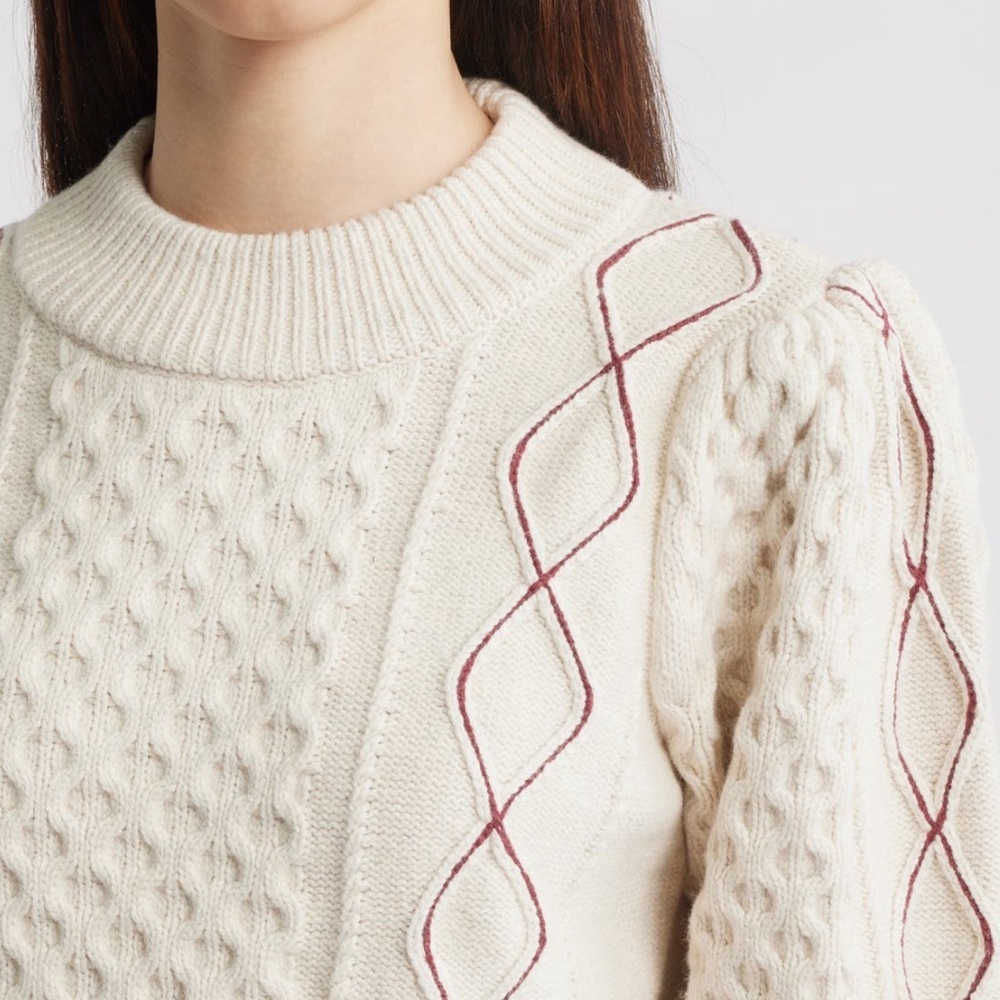 Rails Cream Cable Knit Sweater Burgundy Diamond Stitch Puff Sleeve Knit Top S - Picture 4 of 11